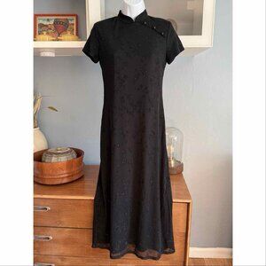 Vtg 90’s Y2K CDC Black Sparkle Cheongsam Asian Mandarin Maxi Dress Whimsigoth 2